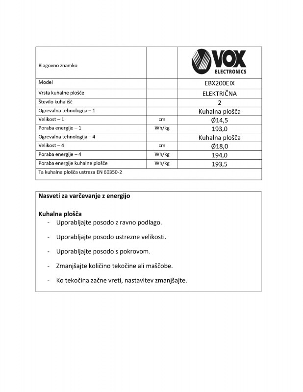 VOX vgradna električna plošča EBX200 EIX
